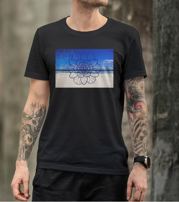 Mandala Flower Art On Bondi Beach Ocean Blue Background T-Shirt