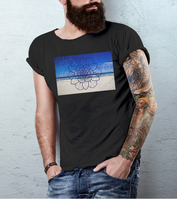 Mandala Flower Art On Bondi Beach Ocean Blue Background T-Shirt