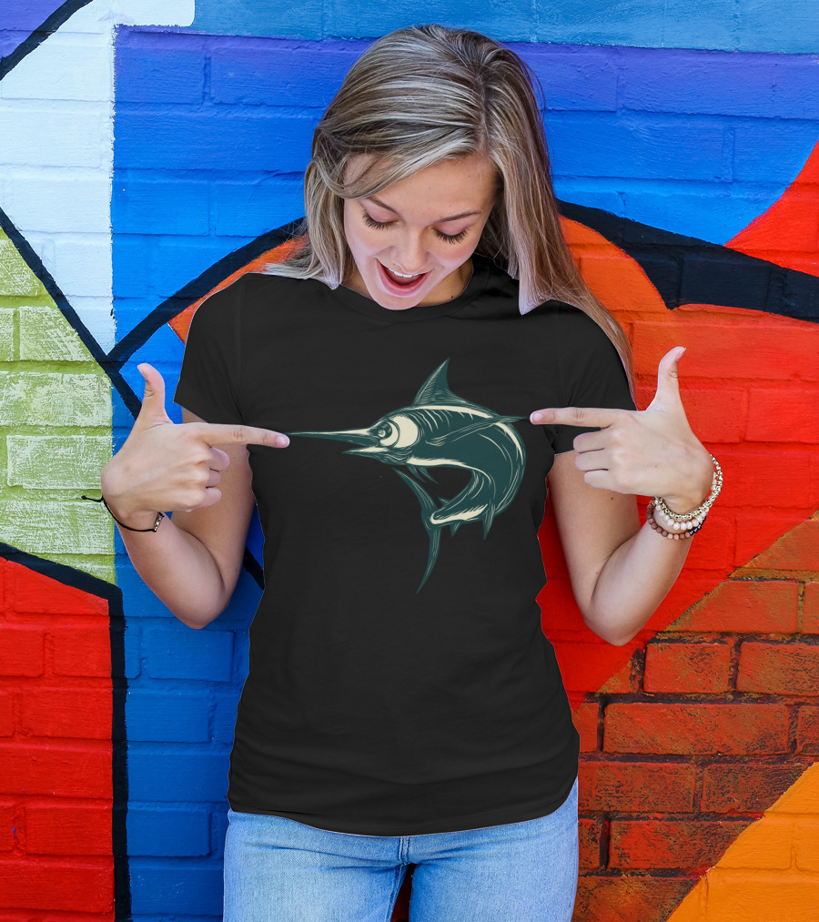 Blue Marlin Jump Scratchboard Art Ocean Wilderness Fish T-Shirt