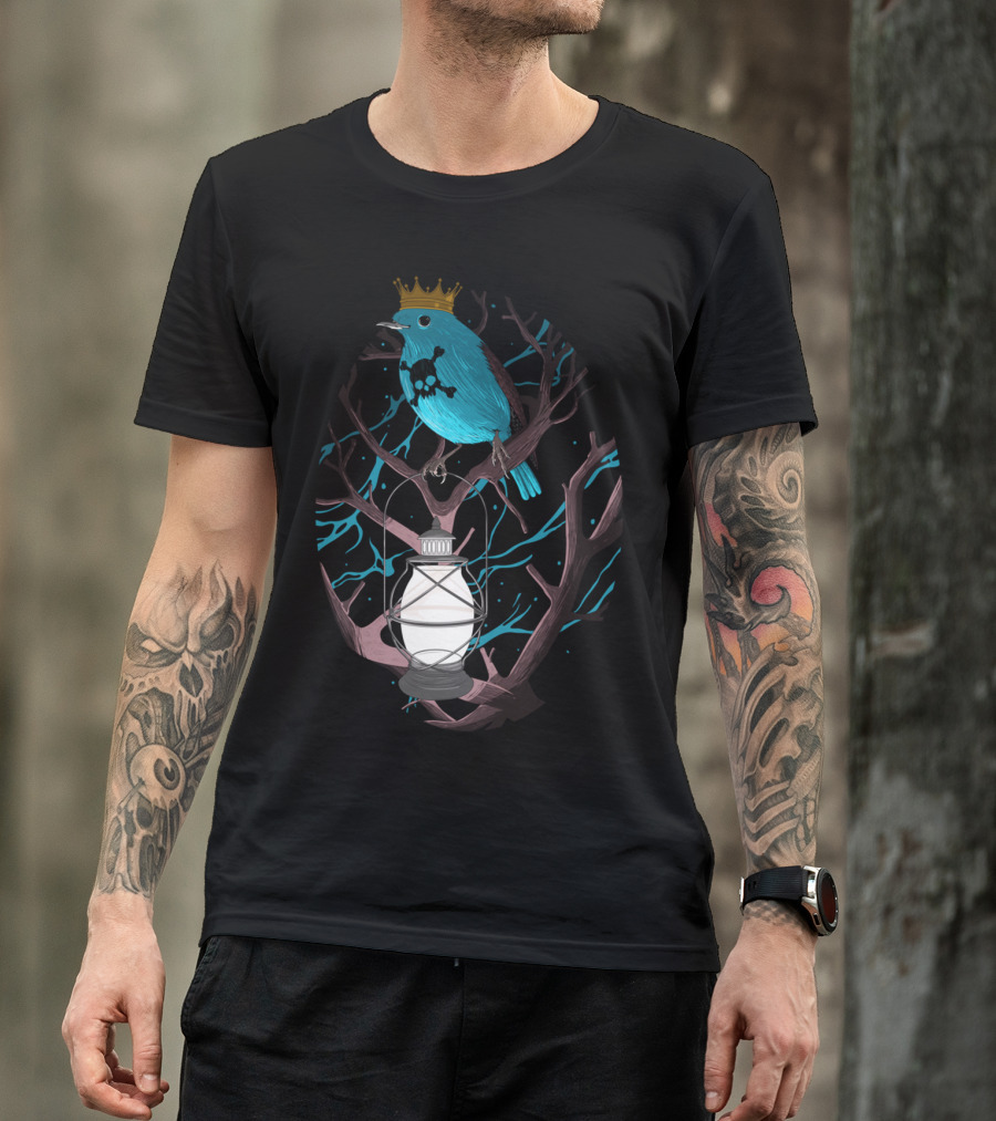 Follow Me Pe Blue Bird With Crown Lantern And Skull Mark T-Shirt