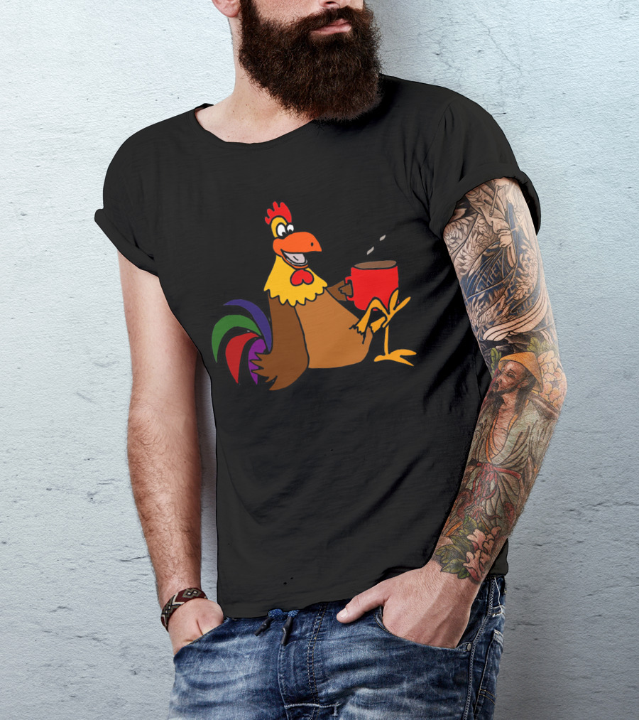Cool Funny Rooster Drinking His Morning Coffee T-Shirt