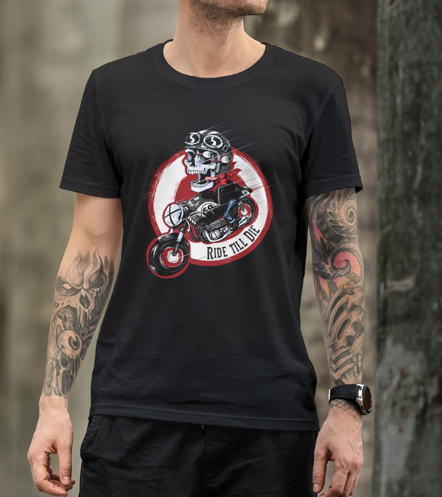 Cafe Racer Cartoon Ride Till Die Skull Motocycle T-Shirt