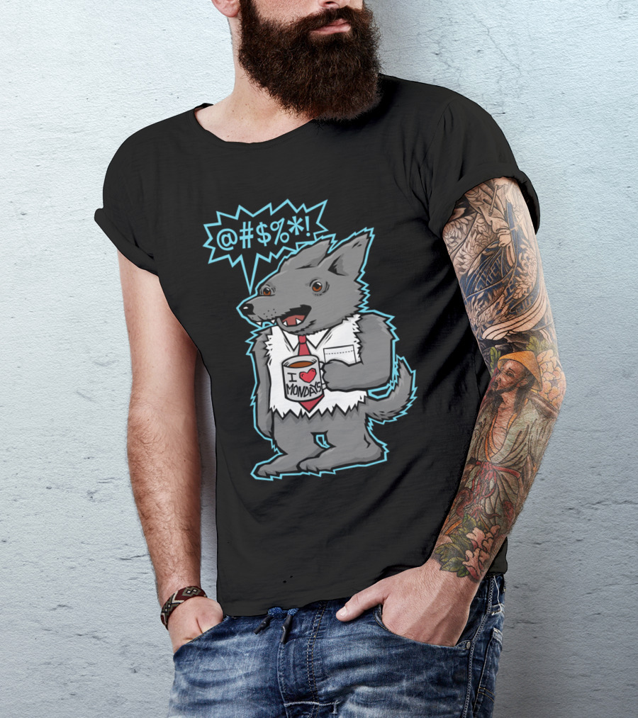 Swearwolf Cartoon Character Holding I Love Mondays Mug With Cursing Speech Bubble T-Shirt