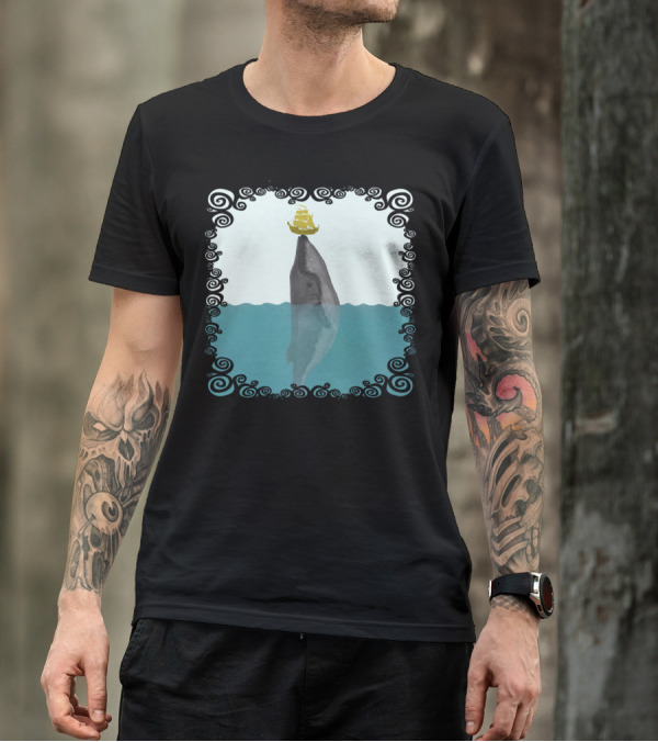 A True Kiss By The Giant Whale With Ship And Ocean Waves T-Shirt