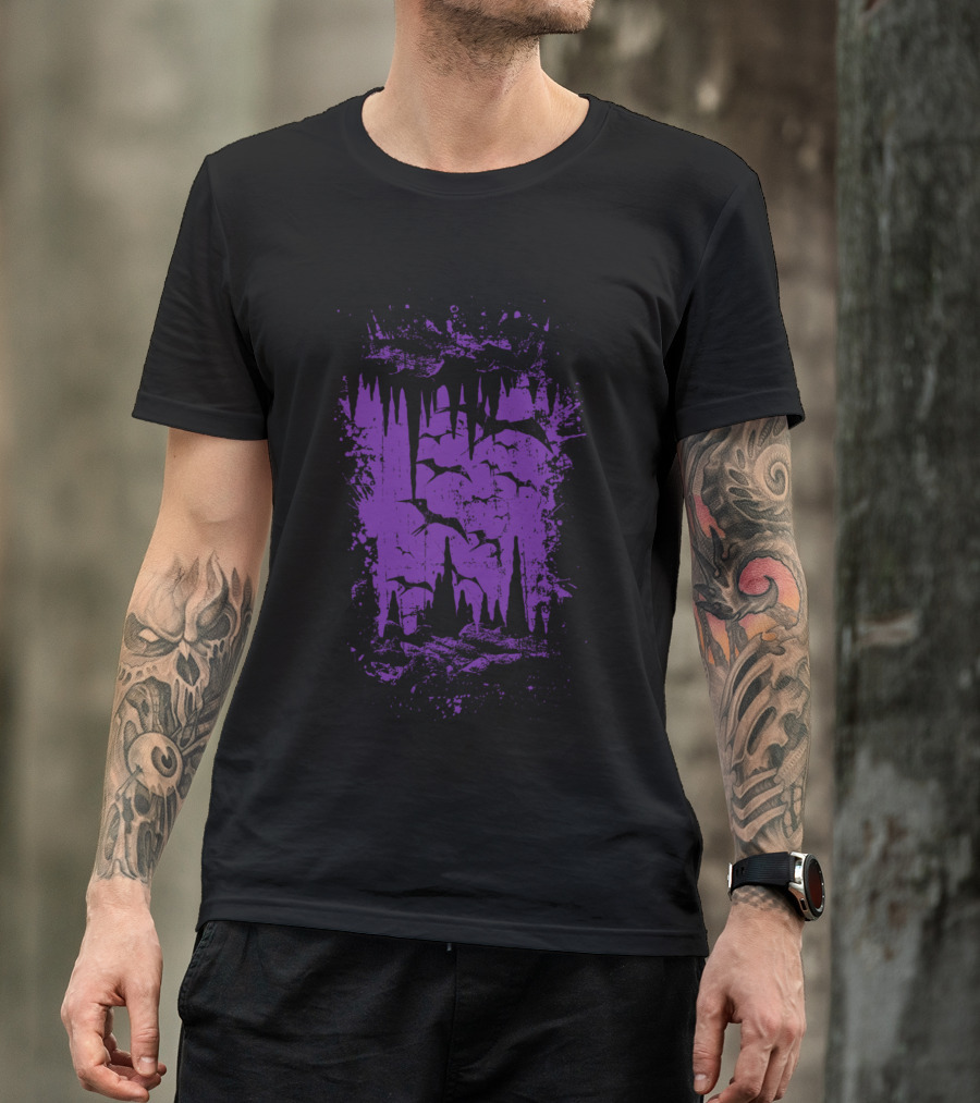 Purple Bat Cave Silhouette Stalagmites And Stalactites T-Shirt