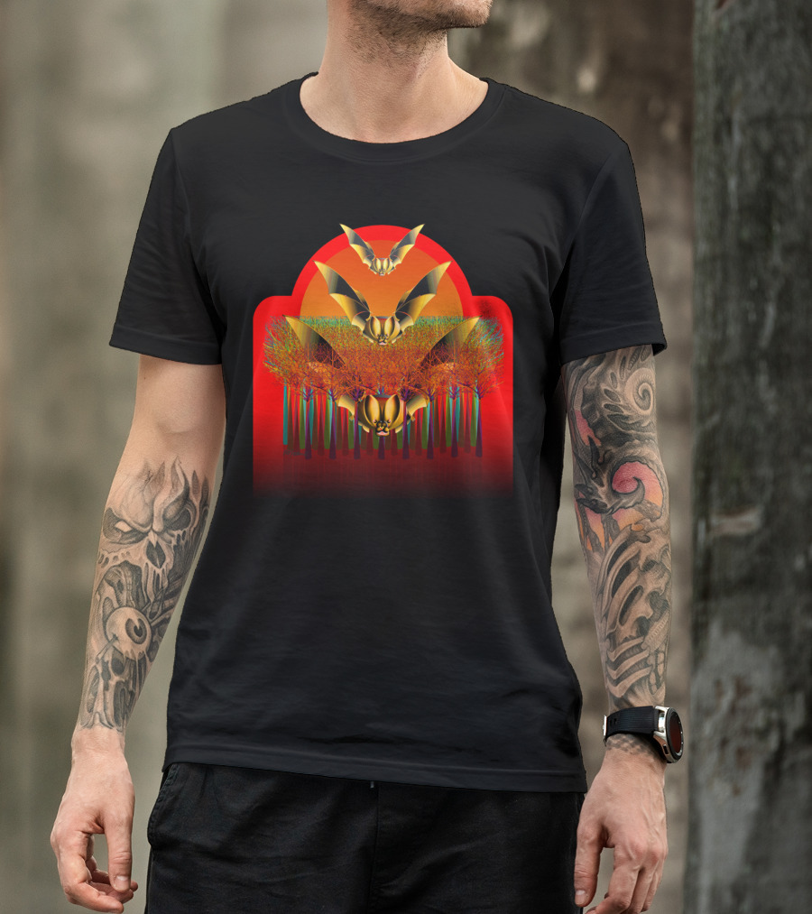 Golden Bats Over Vibrant Red Forest T-Shirt