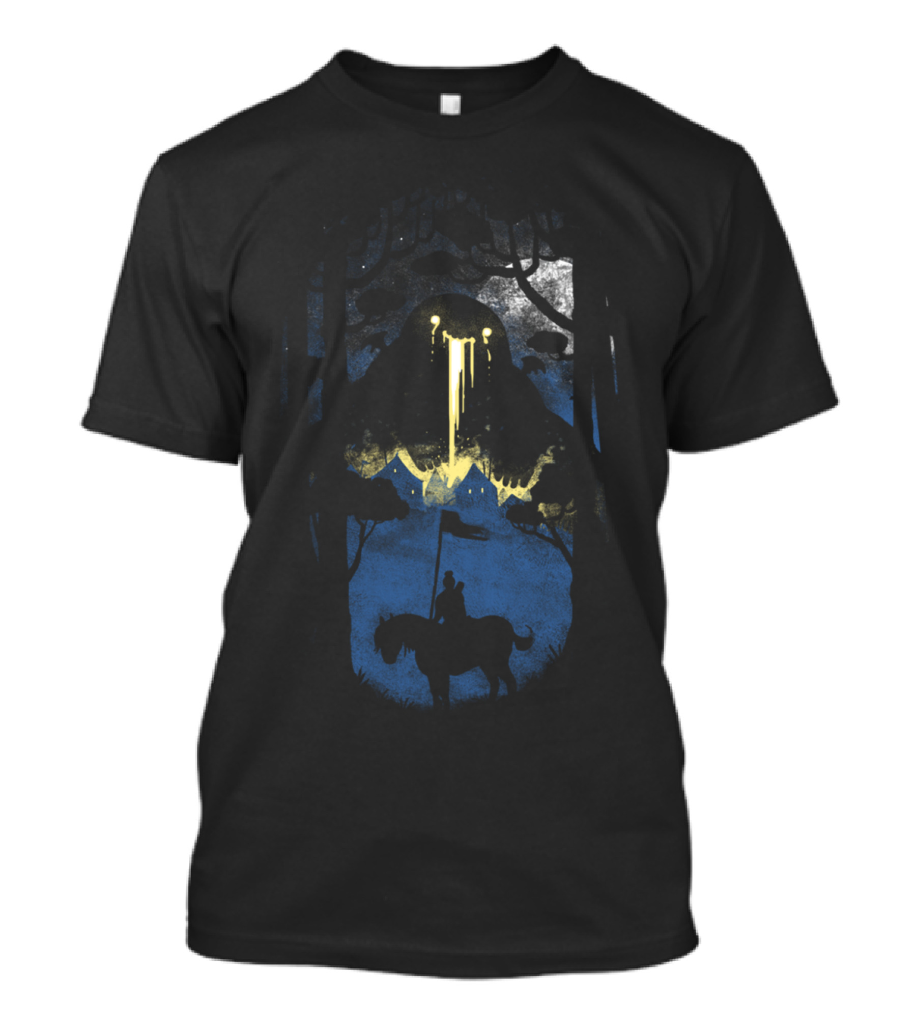 A Very Dramatic Point In A Story: Knight On Horse With Dripping Mountain And Flying Saucers In Dark Forest T-Shirt