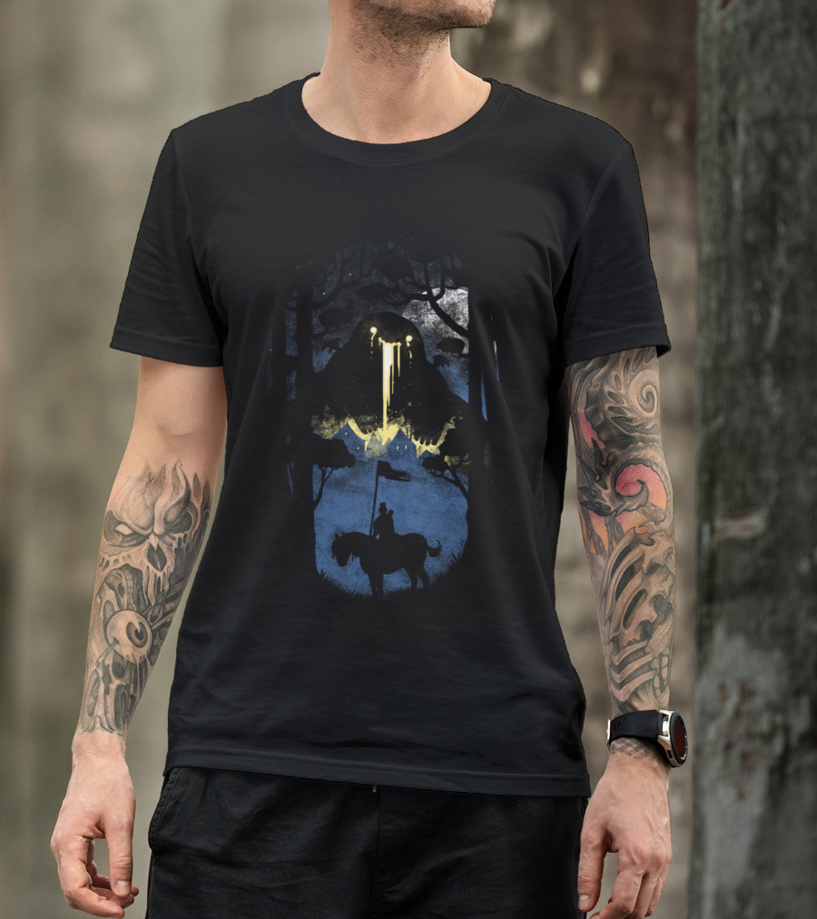 A Very Dramatic Point In A Story: Knight On Horse With Dripping Mountain And Flying Saucers In Dark Forest T-Shirt