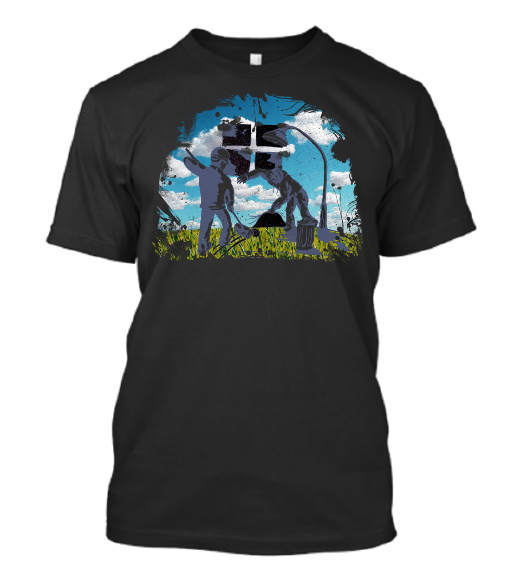Sweeping Stars Workers Beneath Lamppost In Urban Sky Scene T-Shirt