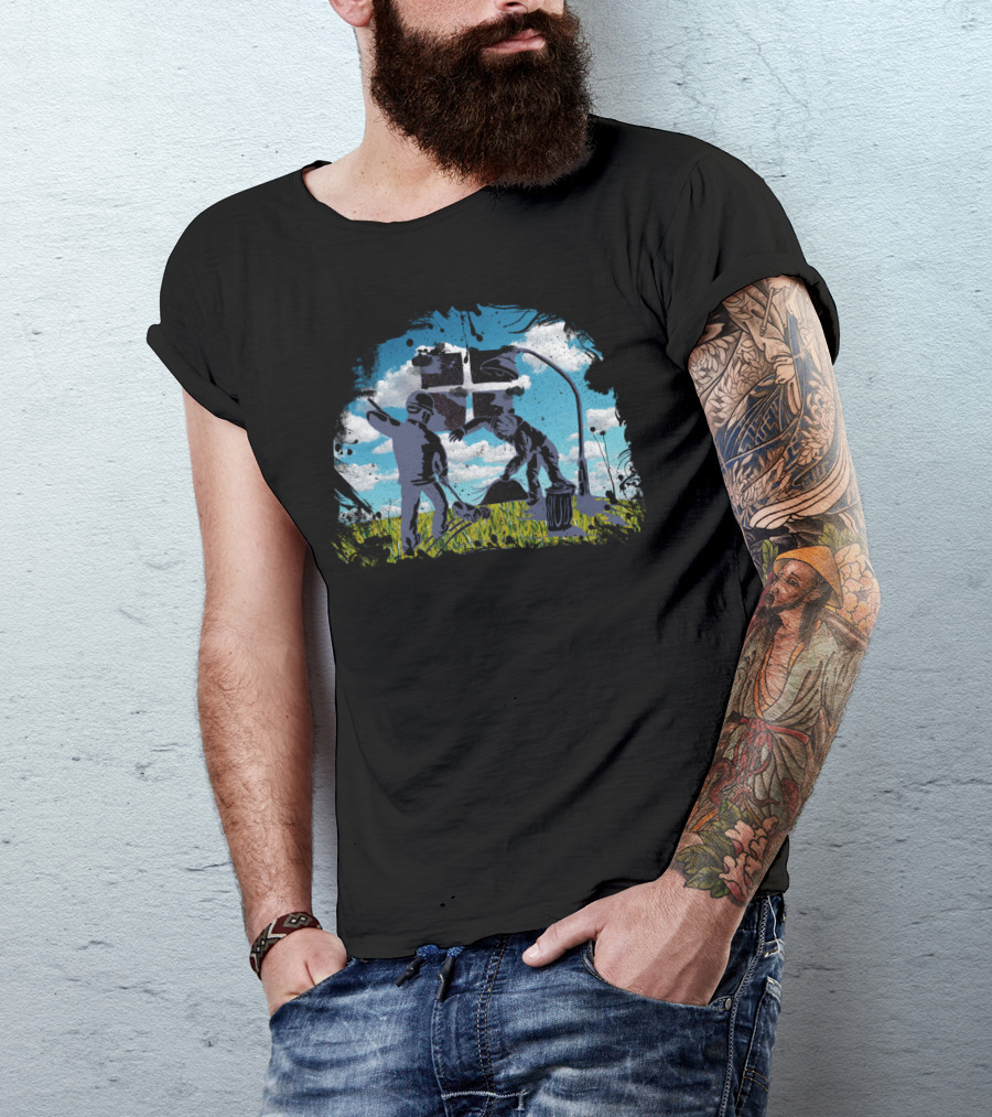 Sweeping Stars Workers Beneath Lamppost In Urban Sky Scene T-Shirt