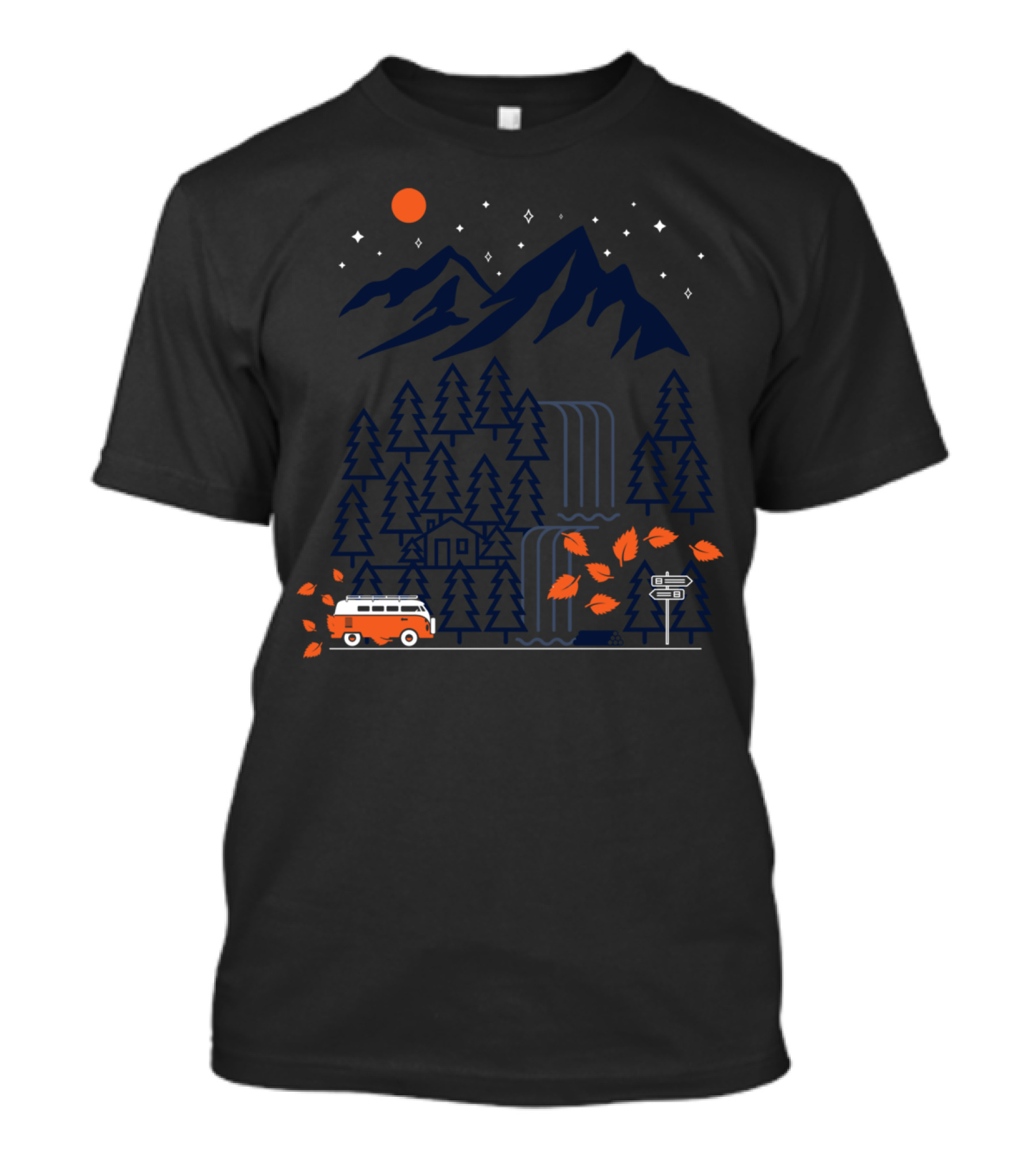 Explore And Adventure Mountain Forest Road Trip With Van And Waterfall T-Shirt