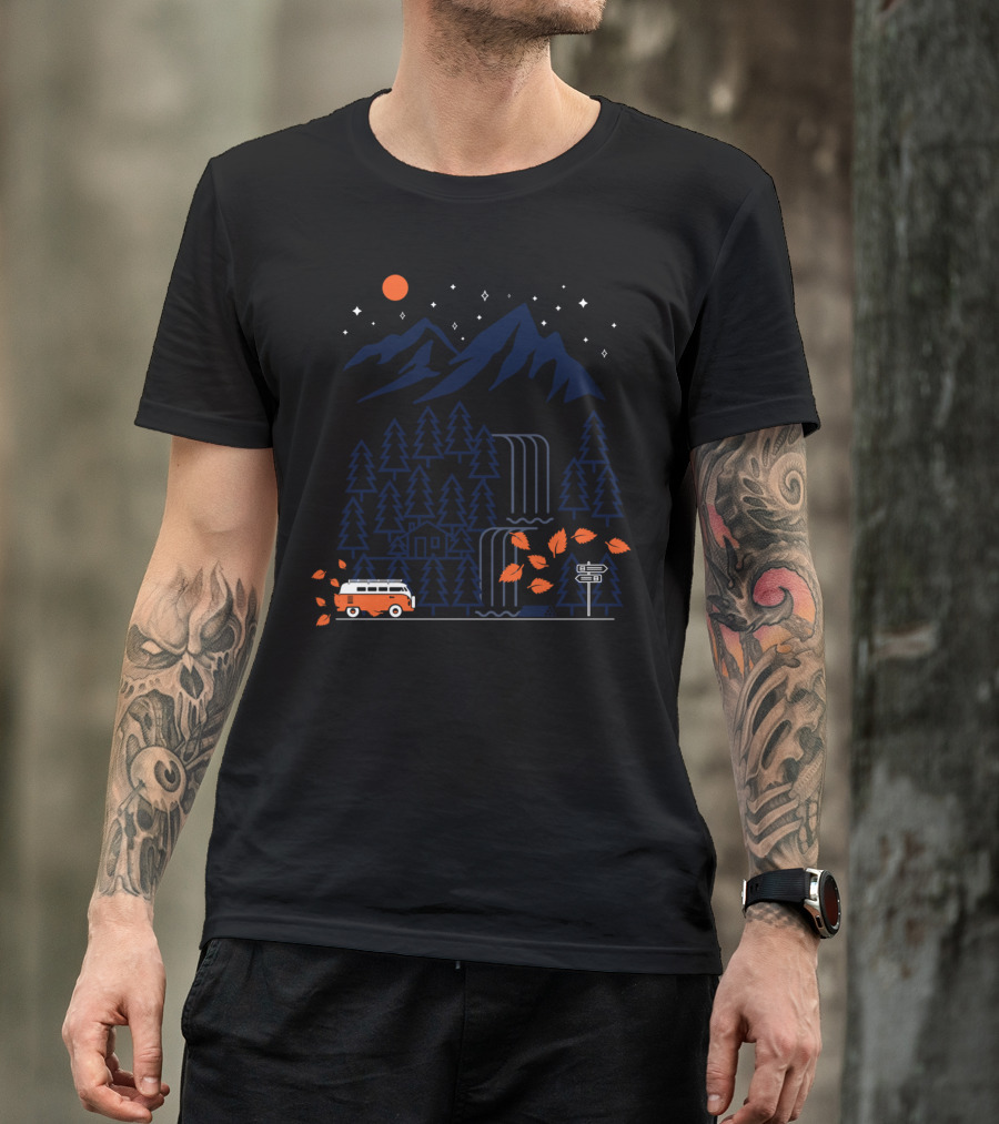 Explore And Adventure Mountain Forest Road Trip With Van And Waterfall T-Shirt