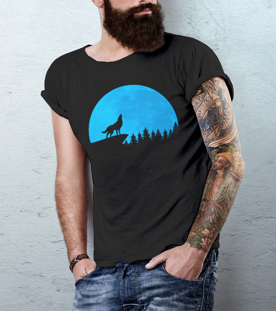 Blue Moon Howling Wolf Silhouette Night Scene T-Shirt