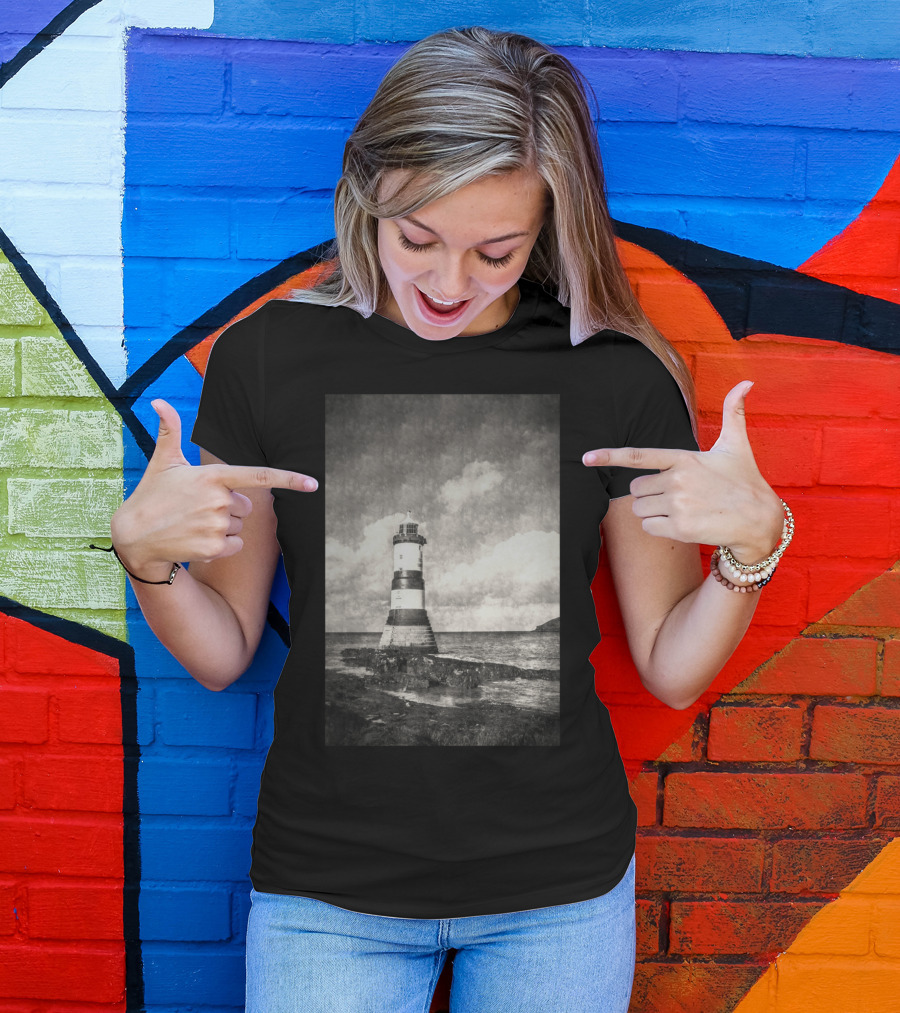A Vintage Penmon Lighthouse Black And White Coastal View T-Shirt