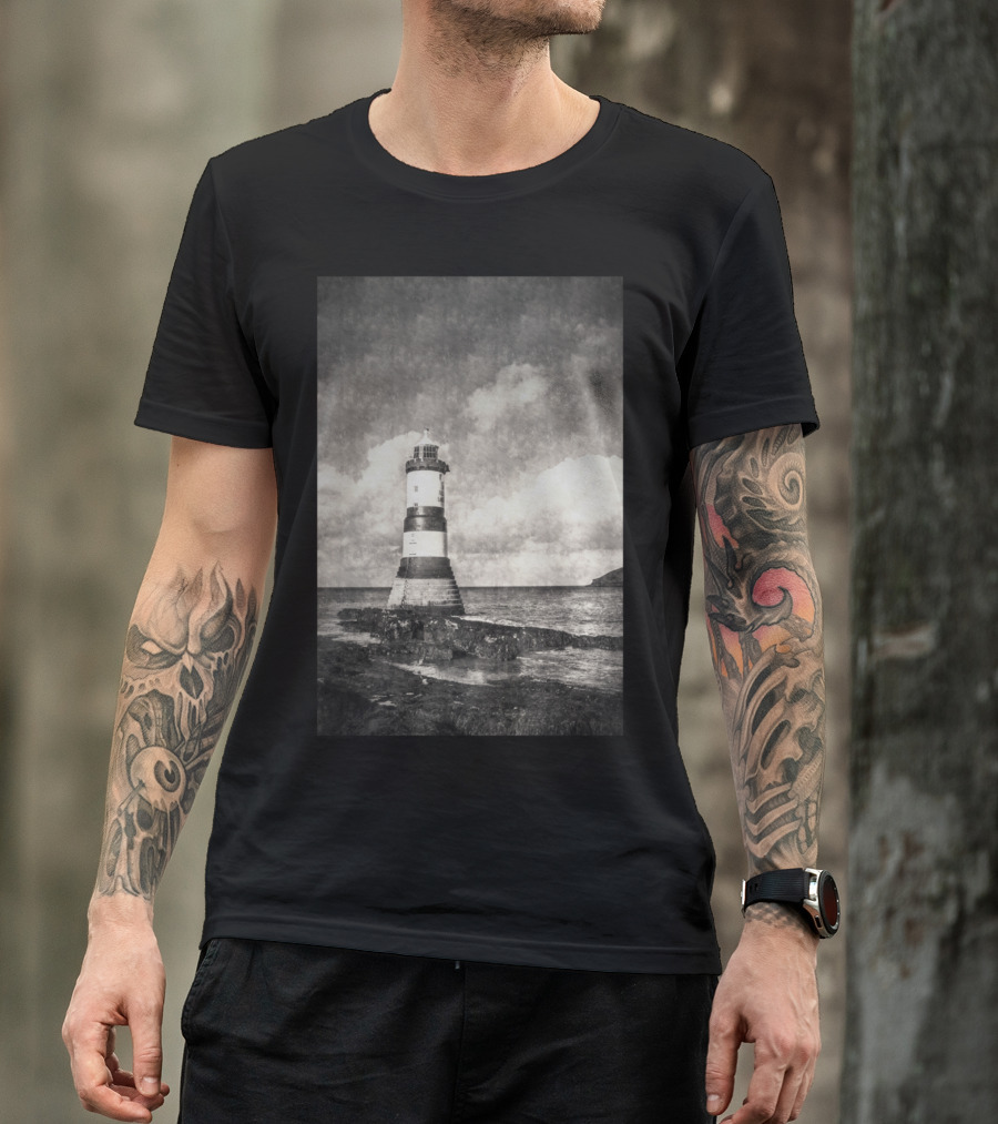 A Vintage Penmon Lighthouse Black And White Coastal View T-Shirt
