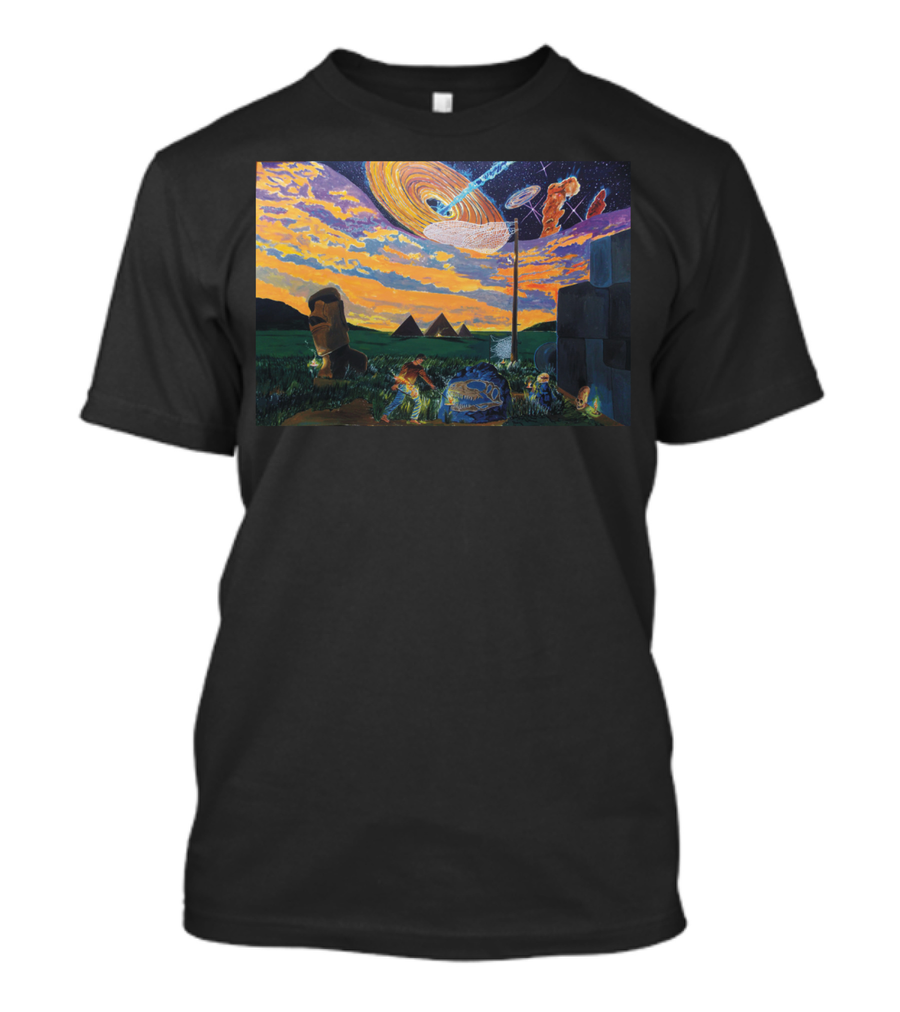 A Walk In The Night Of Times Pyramids Moai Stonehenge Cosmic Sky T-Shirt