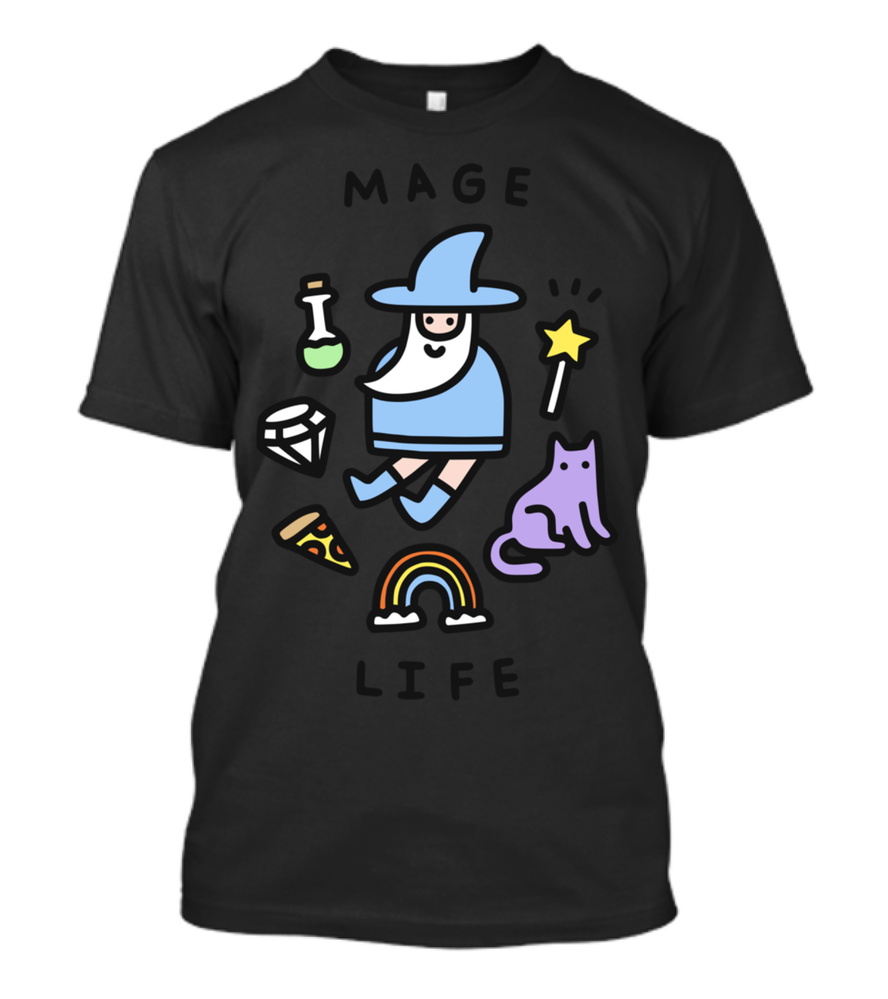 Mage Life Wizard Star Potion Cat Pizza Rainbow T-Shirt