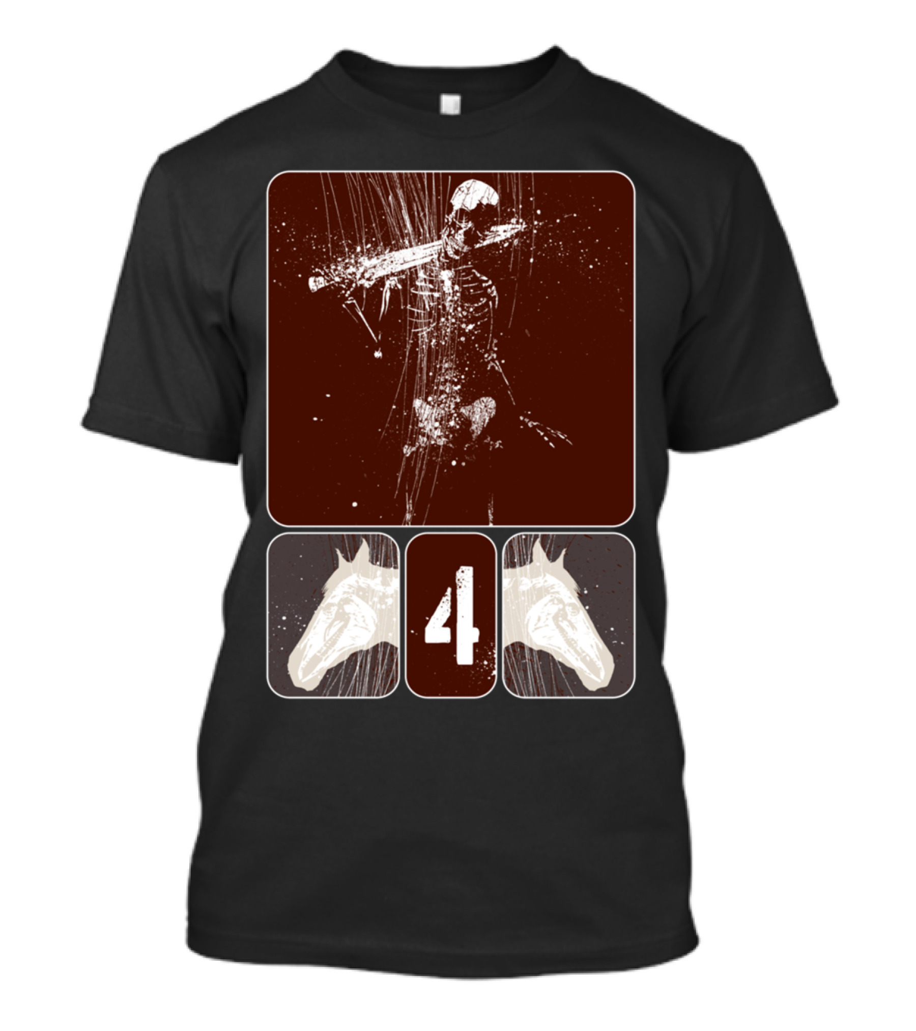 Revelation Pale Horseman Skeleton With Two Skulls And Number Four T-Shirt