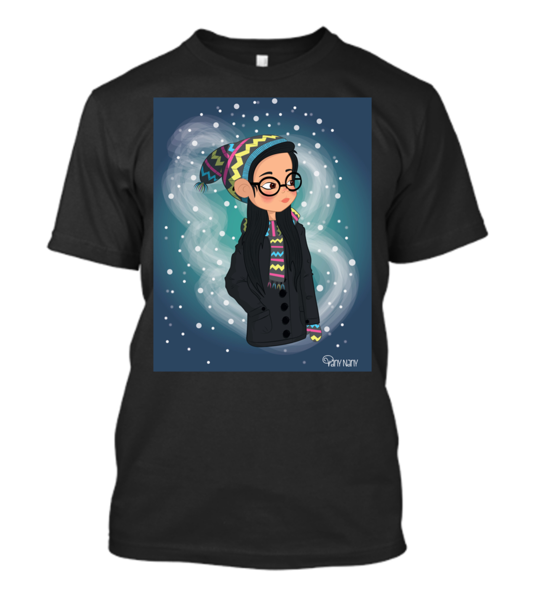 A Winter Day Cozy Knit Hat And Glasses Girl In Snowy Scene By Dani Nava T-Shirt
