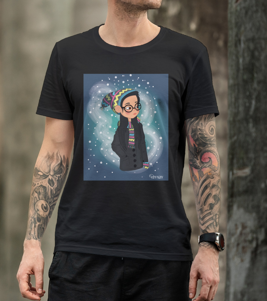 A Winter Day Cozy Knit Hat And Glasses Girl In Snowy Scene By Dani Nava T-Shirt