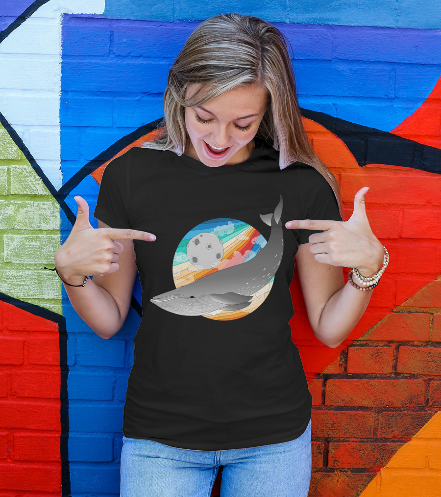 Magic Whale Rainbow Voyage With Moon And Clouds T-Shirt