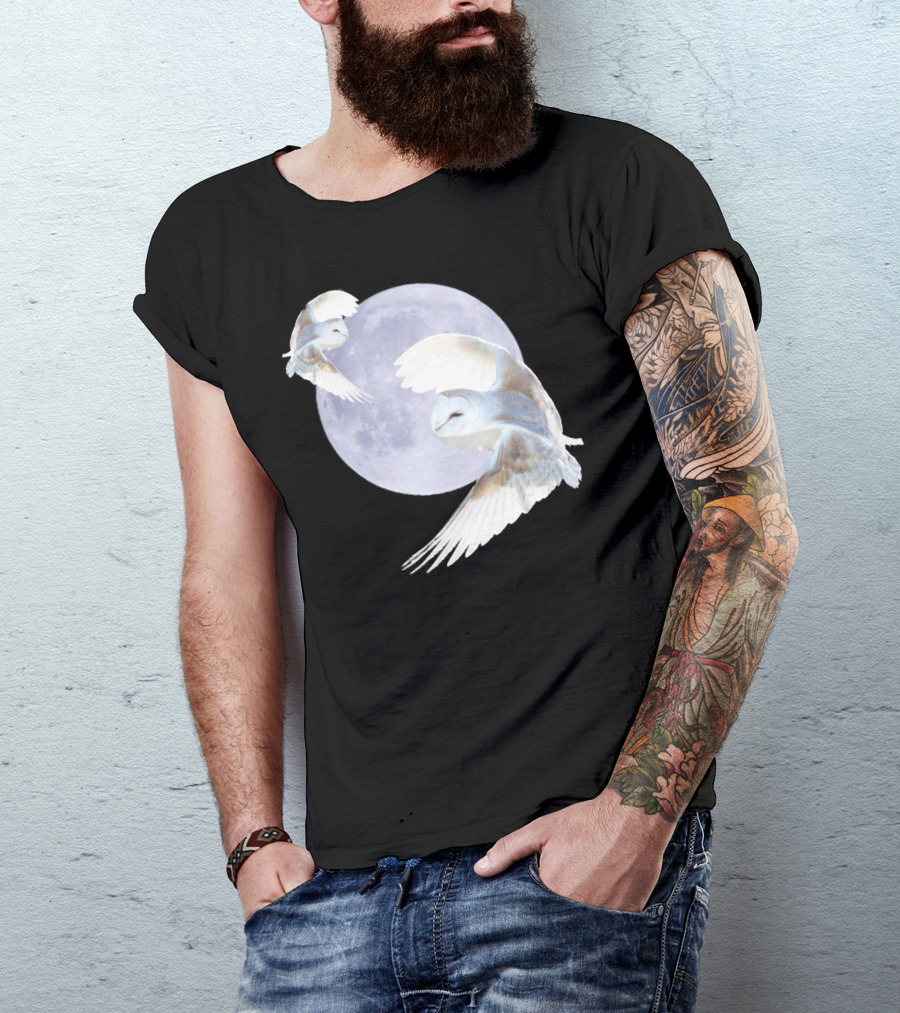 Hunters Moon Owls Soaring In Front Of Full Moon T-Shirt