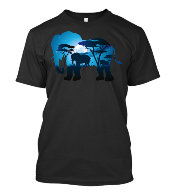 Blue Night Elephant Silhouette Under Starry Sky With Trees T-Shirt