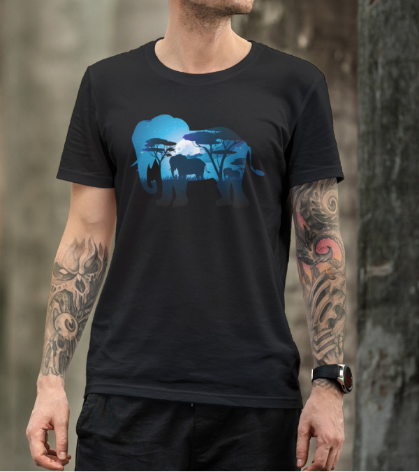 Blue Night Elephant Silhouette Under Starry Sky With Trees T-Shirt