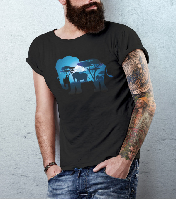 Blue Night Elephant Silhouette Under Starry Sky With Trees T-Shirt