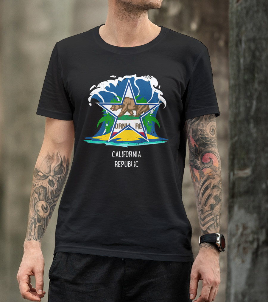 California Republic Bear Star Wave Splash T-Shirt