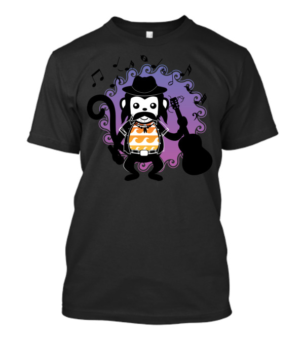 Cool Moustache Comic Monkey Musician With Guitar And Hat T-Shirt