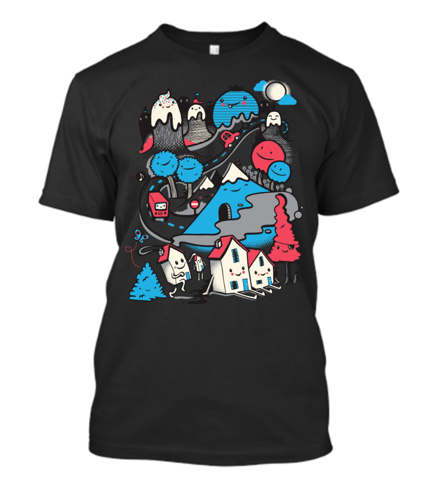 A World Without Humans Playful Landscape With Smiling Mountains And Houses T-Shirt
