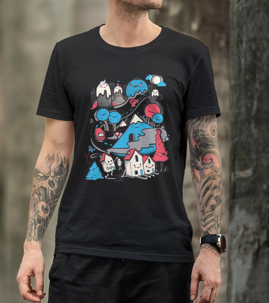 A World Without Humans Playful Landscape With Smiling Mountains And Houses T-Shirt
