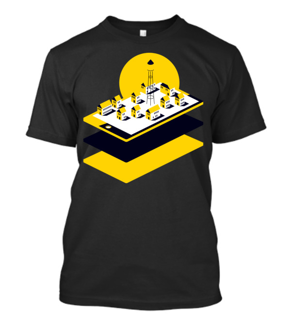 Digital Village Floating Townscape On Tablet With Yellow Sun T-Shirt