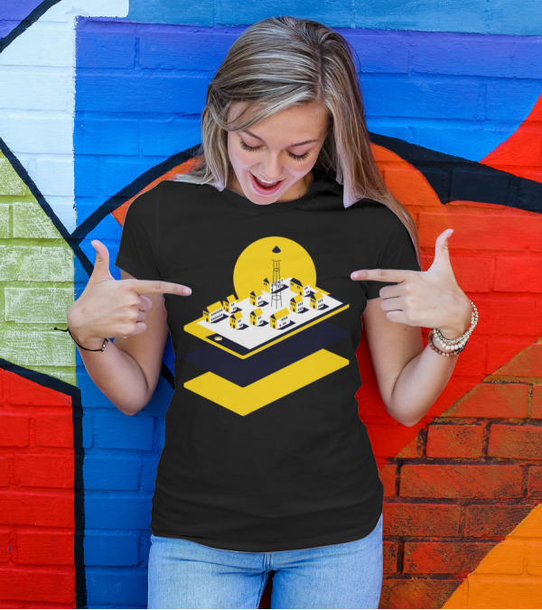 Digital Village Floating Townscape On Tablet With Yellow Sun T-Shirt