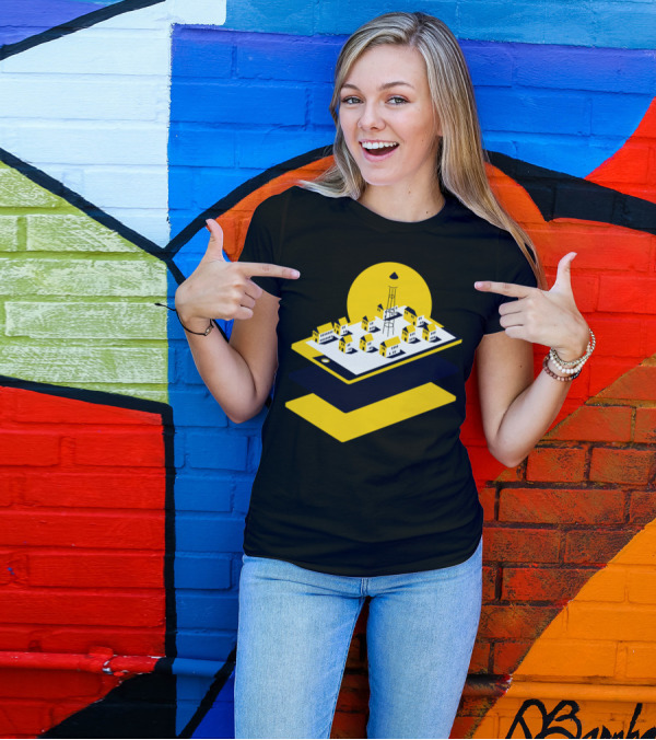 Digital Village Floating Townscape On Tablet With Yellow Sun T-Shirt