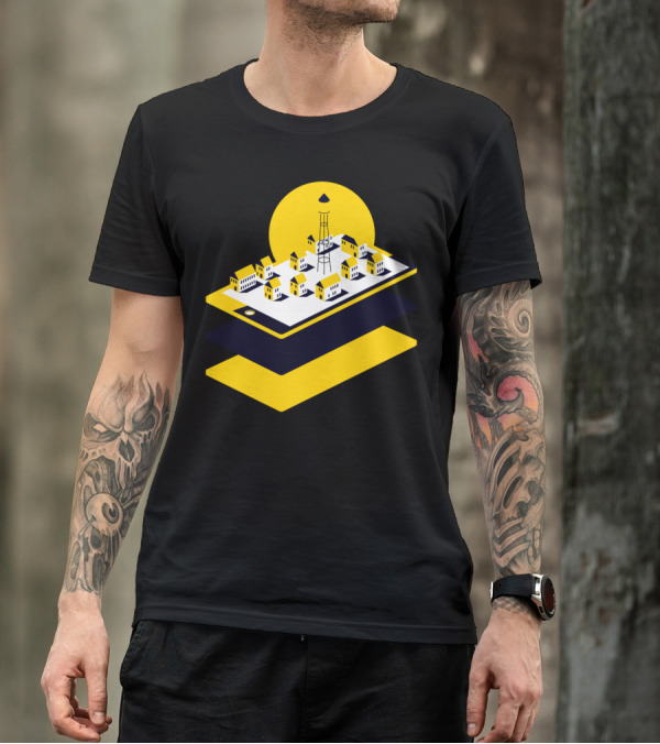 Digital Village Floating Townscape On Tablet With Yellow Sun T-Shirt