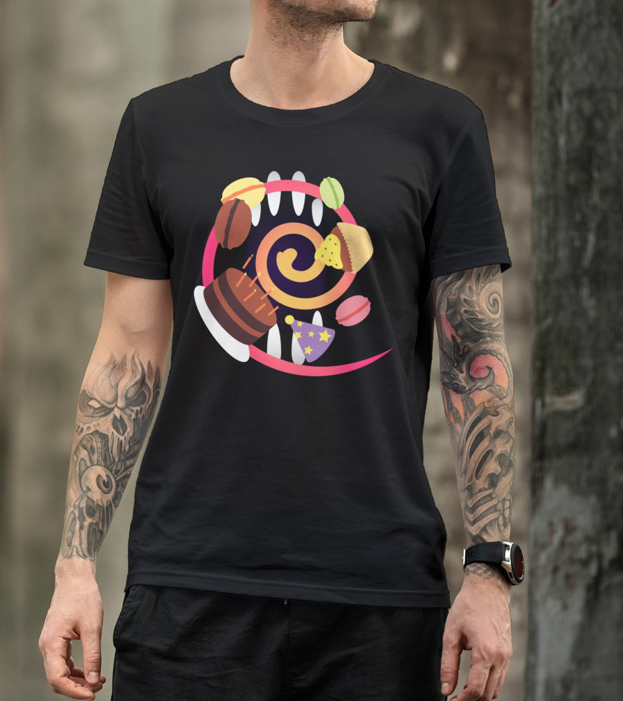 Cakes Macarons And Sweets Swirling Into Monster Spiral T-Shirt