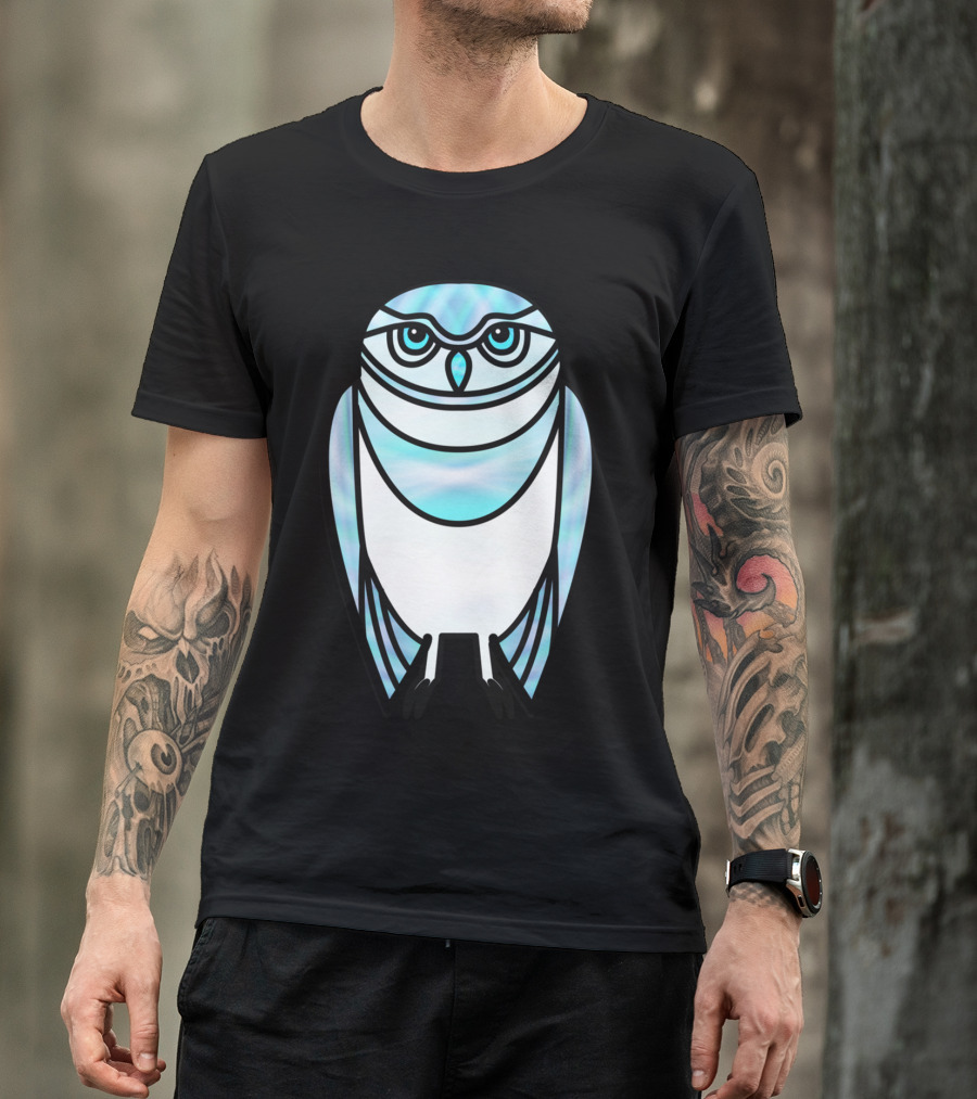 Blue Owl In Stained Glass Style Art Deco Bird T-Shirt
