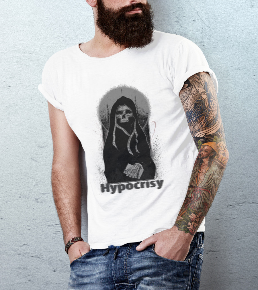 Hypocrisy Grim Reaper Holding Bible With Cross Halo T-Shirt