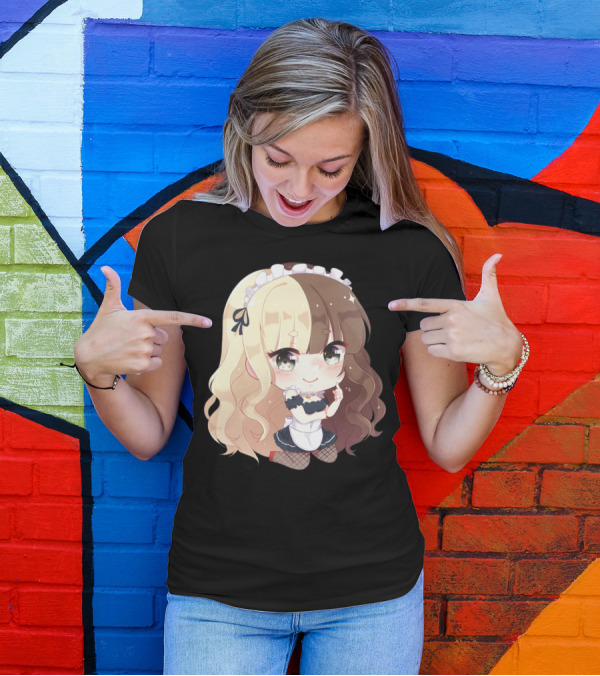 Maid Maki Chibi Style Cute Anime Character With Long Wavy Blond And Brown Hair T-Shirt