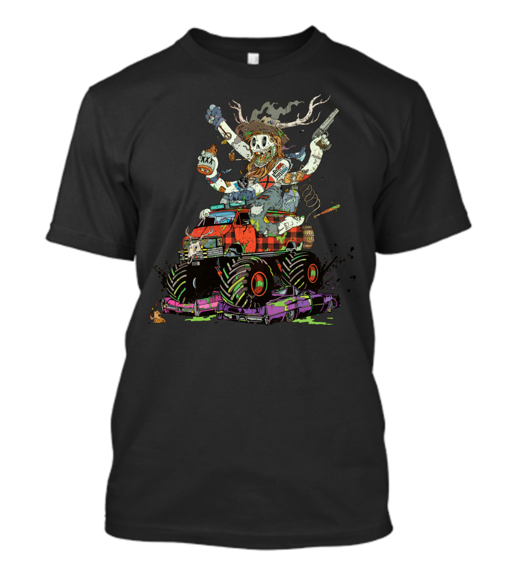 Battle Scar Biggles Skull Cowboy With Antlers On Monster Truck T-Shirt