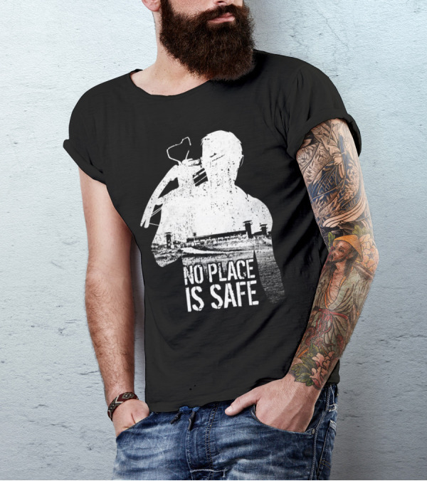 No Place Is Safe Zombie Survivor Holding Weapon And Prison Complex T-Shirt