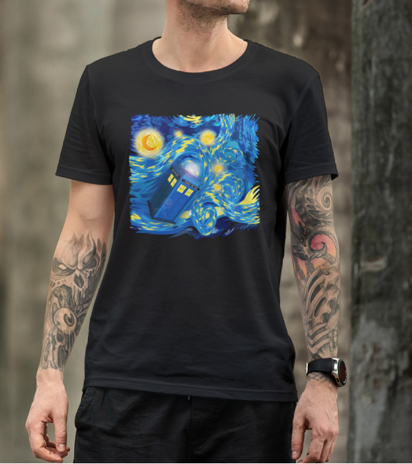 Blue Phone Box Van Gogh Starry Night Scene T-Shirt