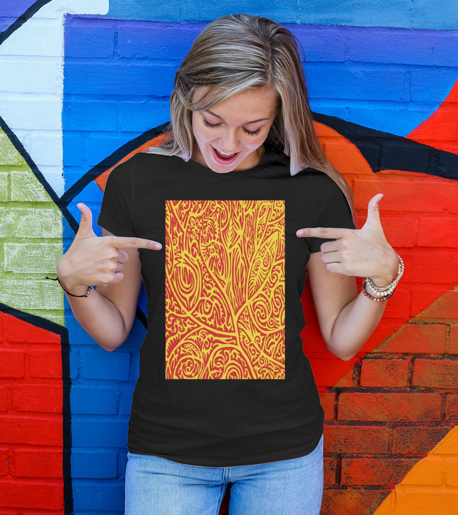 Red And Yellow Abstract Arbor Pattern Leaf Motif T-Shirt