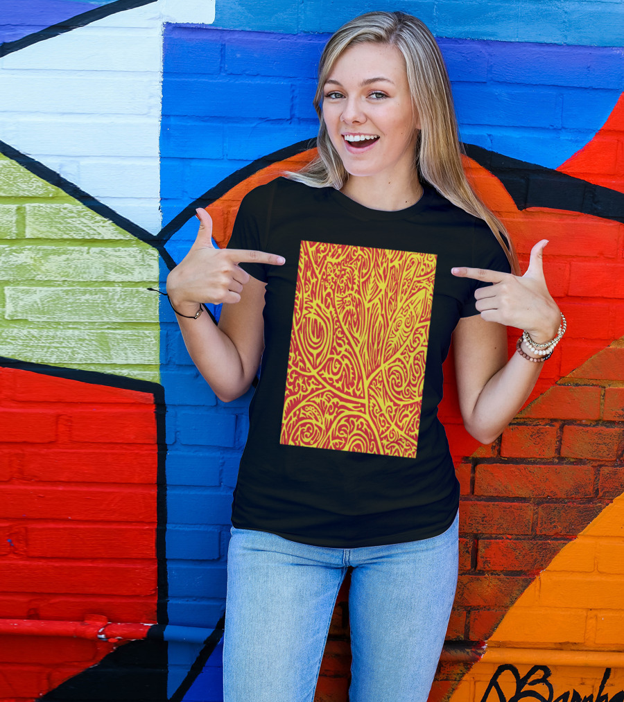 Red And Yellow Abstract Arbor Pattern Leaf Motif T-Shirt
