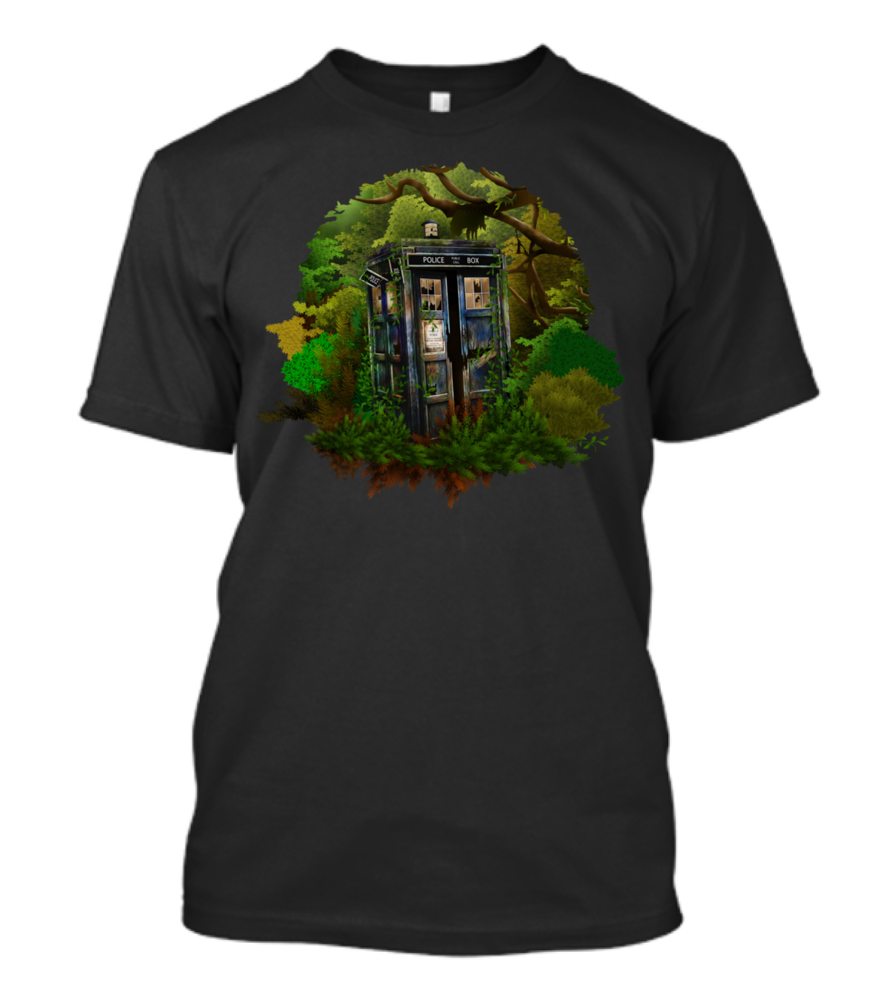 Abandoned Blue Police Box In Overgrown Jungle Nature Scene T-Shirt