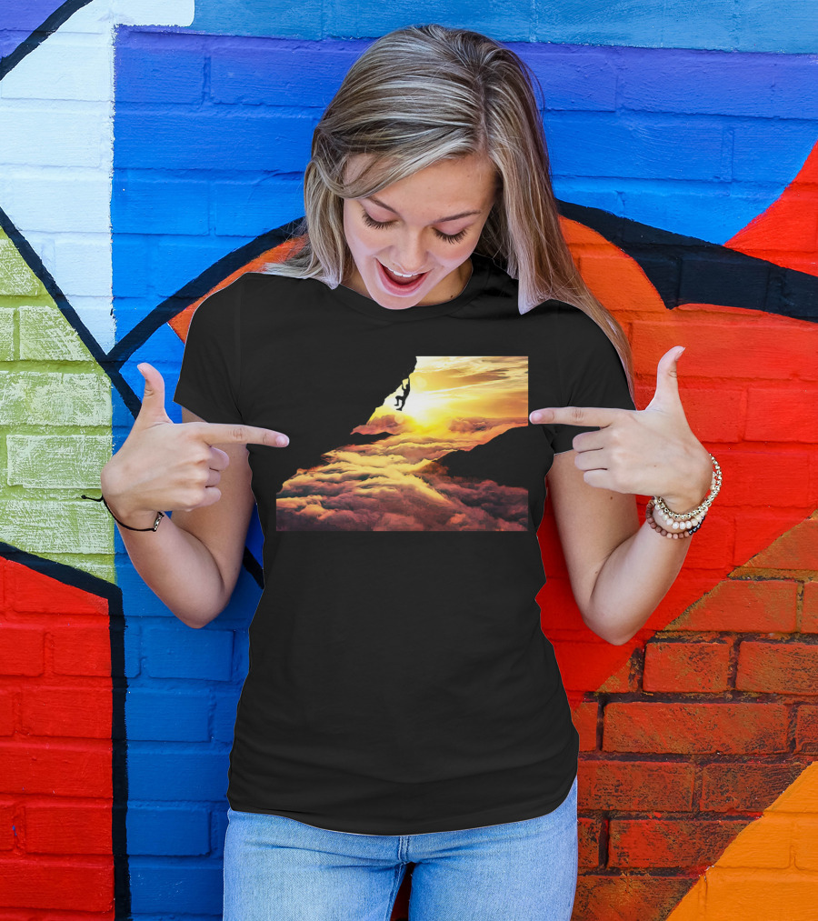 Extreme Climber Silhouette Against Vibrant Sunset And Clouds T-Shirt