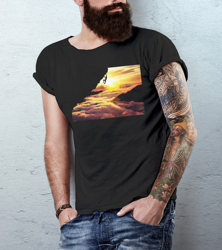 Extreme Climber Silhouette Against Vibrant Sunset And Clouds T-Shirt