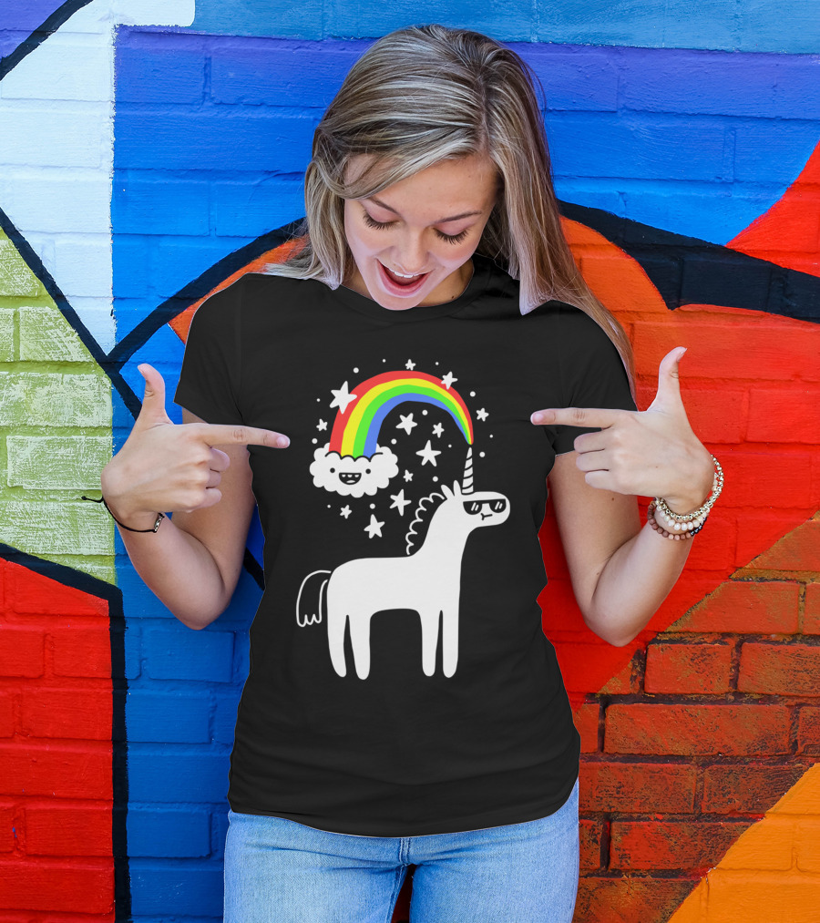 Cool Unicorn With Rainbow And Stars T-Shirt